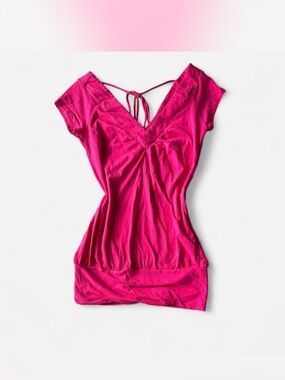 Ambiance apparel Hot Pink V-Neck Tie-Back Halter Tank Top Y2K
